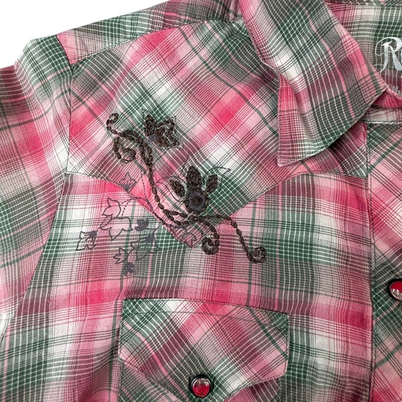 Rock 47 By Wrangler Womens Shirt Size Medium Pink Plaid Pearl Snap Western - Picture 7 of 11